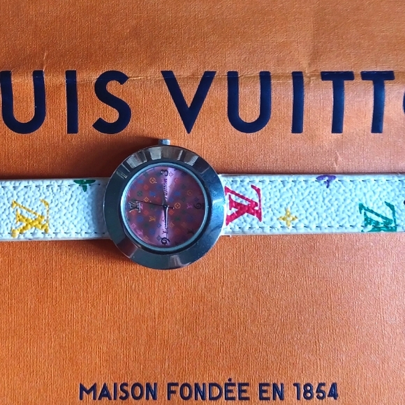 Vintage Authentic Louis Vuitton White Multicolor Monogram Watch Size 8 - Picture 3 of 5